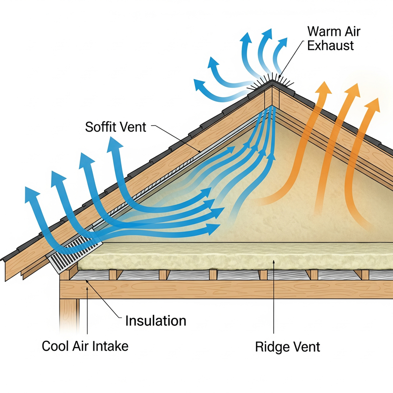 Illustration showing cool air entering soffit vents and warm air exiting through a ridge vent