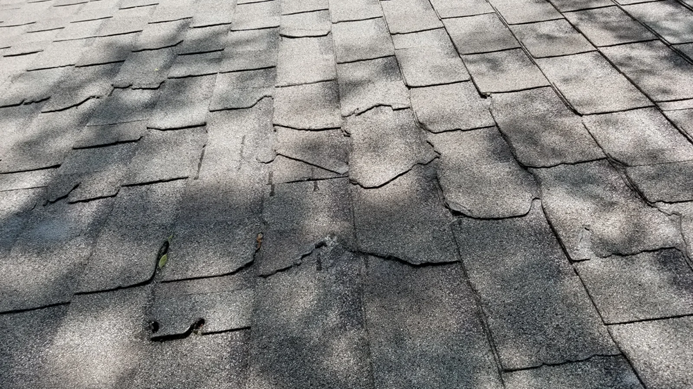 Wind-damaged asphalt roof shingles after a summer thunderstorm